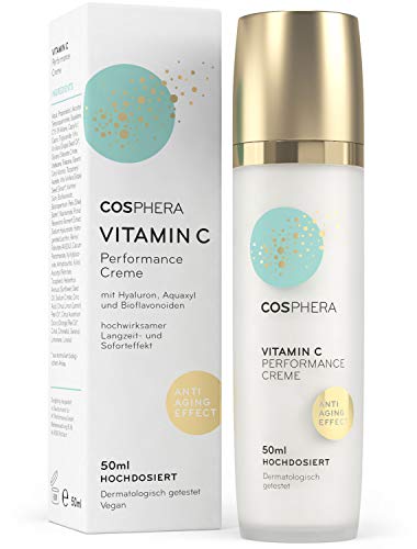 Cosphera - Vitamin C Performance Creme 50 ml - mit Hyaluronsäure - vegane Tages- und Nachtcreme hochdosiert für Gesicht, Hals, Augen - Anti-Falten Feuchtigkeitsbehandlung für Frauen und Männer