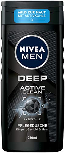 NIVEA MEN DEEP Active Clean Pflegedusche (250 ml), vitalisierendes Duschgel mit Aktivkohle, pH-hautfreundliche Dusche für Körper, Gesicht und Haar
