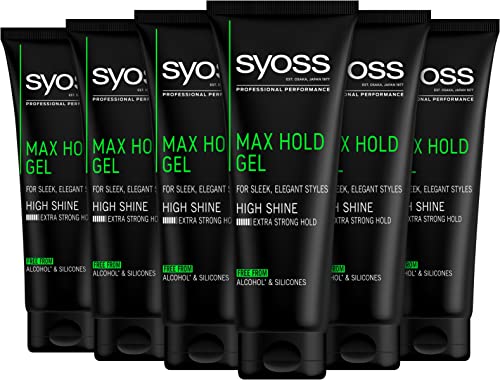Syoss Gel Max Hold (6 x 250 ml), Herren Haargel mit 48 h extra starkem Halt & Glanz für gepflegte Styles, Haargel für Männer ohne Alkohol & Silikone, verklebt nicht