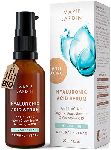 Hyaluronsäure Serum mit Vitamin C und Q10, hochdosiert mit geprüftem 5-fach Anti-Aging-Komplex, Dermaroller geeignet, Basis für Make-up, zertifizierte vegane BIO Naturkosmetik von Marie Jardin