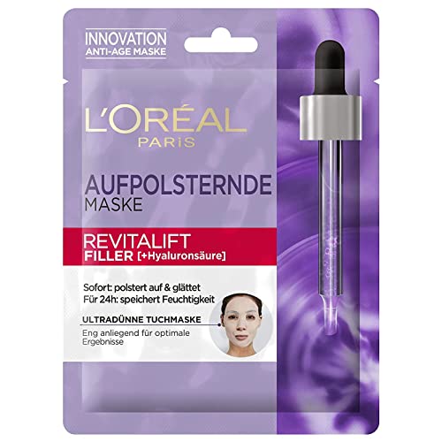 L'Oréal Paris Hyaluron Tuchmaske, Revitalift Filler, Anti-Aging Gesichtspflege, Mit Hyaluronsäure, 1 x 30g