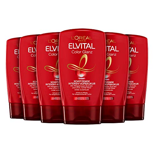 L'Oréal Paris Elvital Farbschutz Haarkur ohne Ausspülen, Für coloriertes oder gesträhntes Haar, Ohne Parabene, Color-Glanz Intensiv-Aufbaukur, 6 x 125 ml