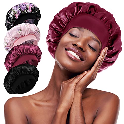 Satin Mütze Schlafmütze Weiche Nachtmütze Kopfhaube für Damen Mädchen (Schwarz+Rosa+Schwarz2+Rot)