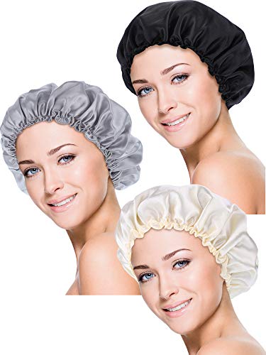 Blulu 3 Stücke Schlafmütze Satinhaube Nacht Kopfbedeckung Schlafen Weich Haar Turbans für Frauen und Mädchen (S, Schwarz, Beige, Silber)