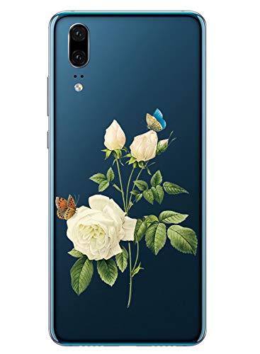 Oihxse Hüllen Kompatibel mit Huawei P20 Hülle,Silikon Stoßfest Schutzhülle für Huawei P20,Durchsichtige TPU Handyhülle Transparent Flexibel Dünn Weicher Bumper Anti-Kratzer (Blume-2)