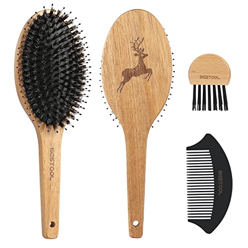 BESTOOL Haarbürste, Wildschweinborsten Bürste mit Nylonstiften für Damen Herren Kinder, Holz Haarbürste für alle nassen, trockenen Haare, zur Massieren, Entwirren, Glätt (Geschnitzte Hirsch)