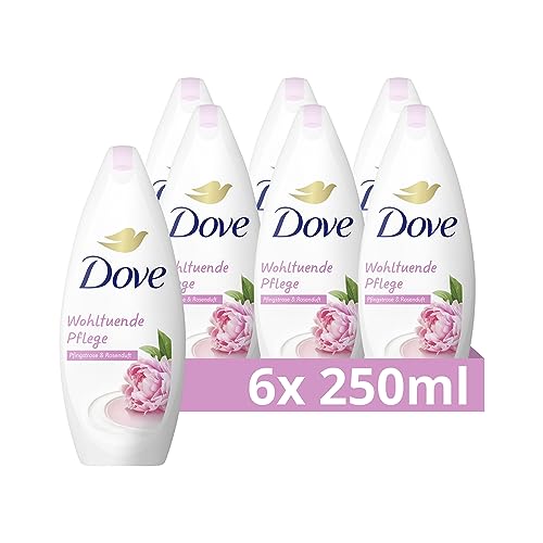 Dove Duschgel Wohltuende Pflege Duschbad mit Pfingstrose & Rosenöl und 3-fach Feuchtigkeitsserum für strahlende und schöne Haut 250 ml 6 Stück