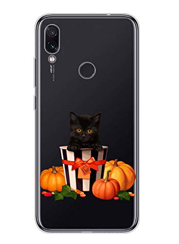 Redmi Note 7 Hülle,Oihxse Soft Silikon Motiv Hülle Ultra Dünn TPU Bumper Case 360 Grad Schützen,Schutzhülle für Redmi Note 7 Transparent Anti-Fingerabdruck Anti-Kratzer-Halloween (Katze)