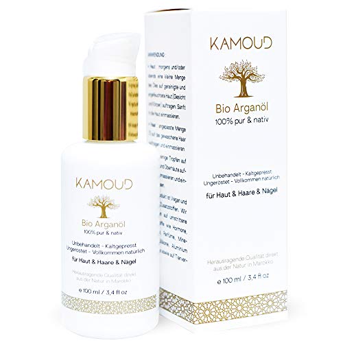 Kamoud Bio Arganöl Kaltgepresst 100 ml in Lichtschutz-Glasflasche Natürliche Feuchtigkeitspflege für junge Haut, Gesicht, Körper, Haare & Nägel 100% Vegan Pur Nativ | Argan Öl aus Marokko